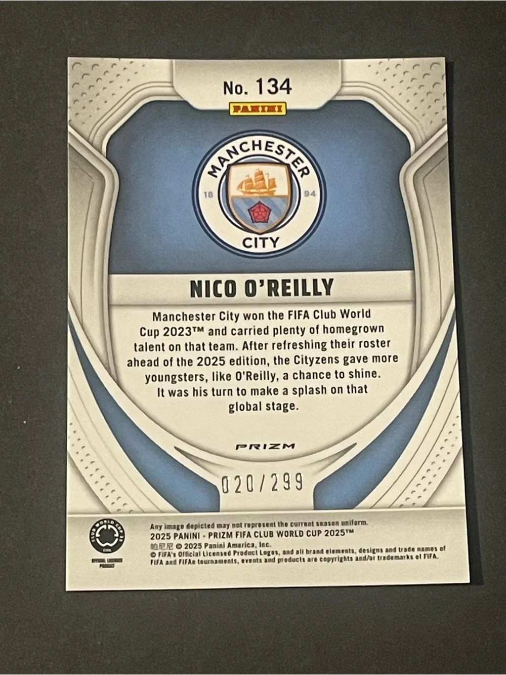 Pink Raywave 2025 Club World Cup Nico O'Reilly Man City Rookie Card 020/299